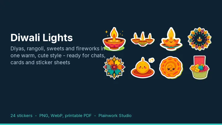 Diwali Lights - 24 Kawaii Diwali Stickers for WhatsApp, Telegram, Planners and Print: cover