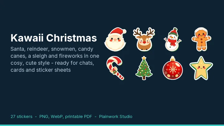 Kawaii Christmas - 27 Kawaii Christmas and New Year Stickers for WhatsApp, Telegram, Planners and Print: cover