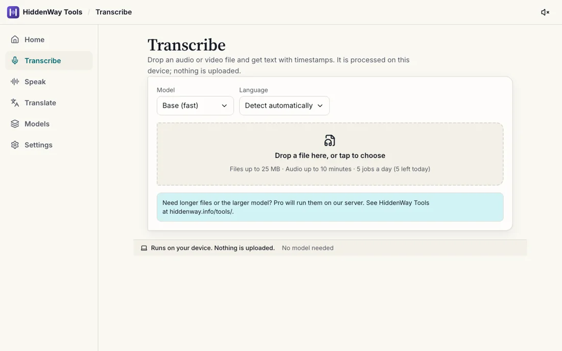 HiddenWay Tools transcribing a voice note