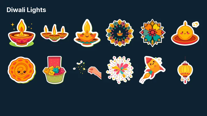 Diwali Lights - 24 Kawaii Diwali Stickers for WhatsApp, Telegram, Planners and Print dashboard